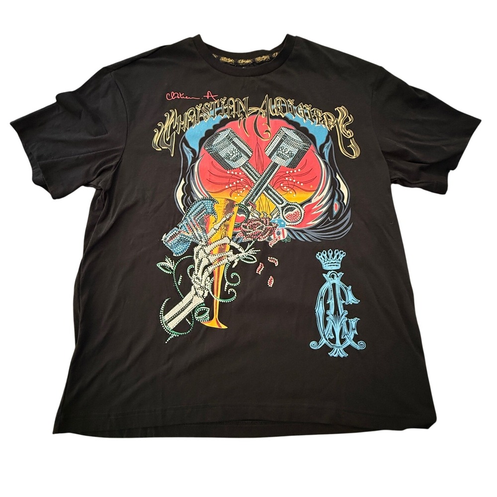 Christian Audigier Hammer T-Shirt Mens L Black Rhinestone Piston Graphic Tee Y2K